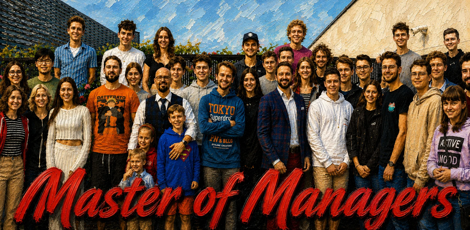 Grupa uczestników zajęć Master of Managers na wspólnym zdjęciu z napisem Master of Managers.