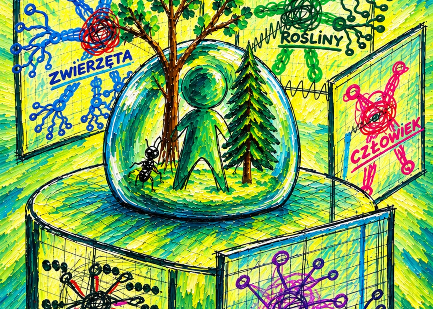 Rysunek: postać-hologram w kopuli otoczonej tabliczkami Zwierzęta, Rośliny, Człowiek i Komórka — ilustracja kursu Manager Biologii.