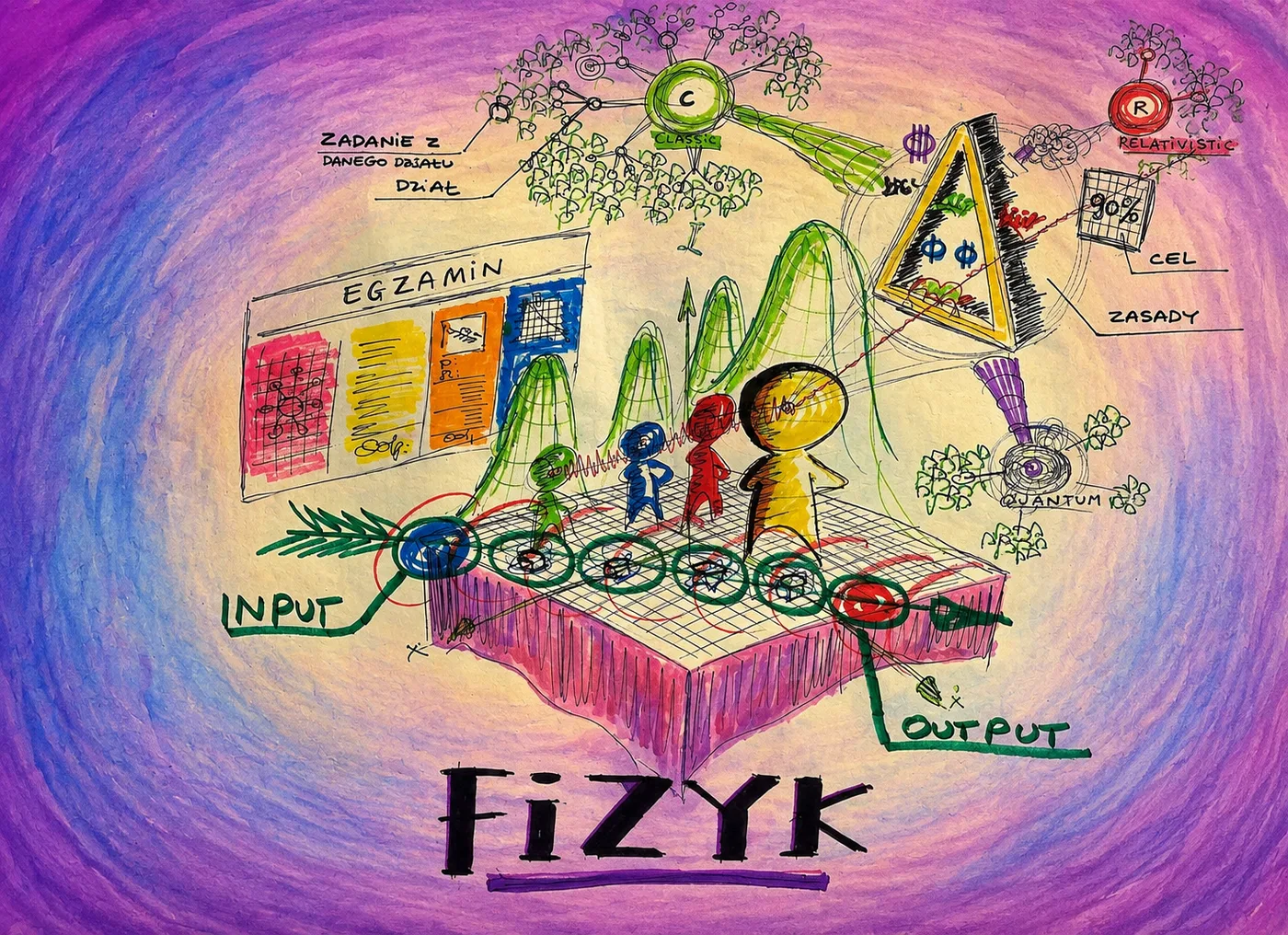 Rysunek: cztery postacie-hologramy na platformie z tablicą Egzamin, ścieżką Input/Output i sieciami pojęć Classic, Relativistic, Quantum — ilustracja kursu Manager Fizyki.