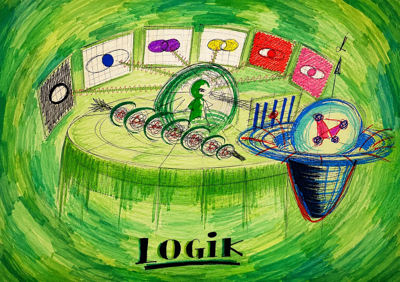 Rysunek: postać-hologram otoczona planszami z diagramami logicznymi, spiralą kółek i siecią wnioskowania — ilustracja kursu Manager Logiki.