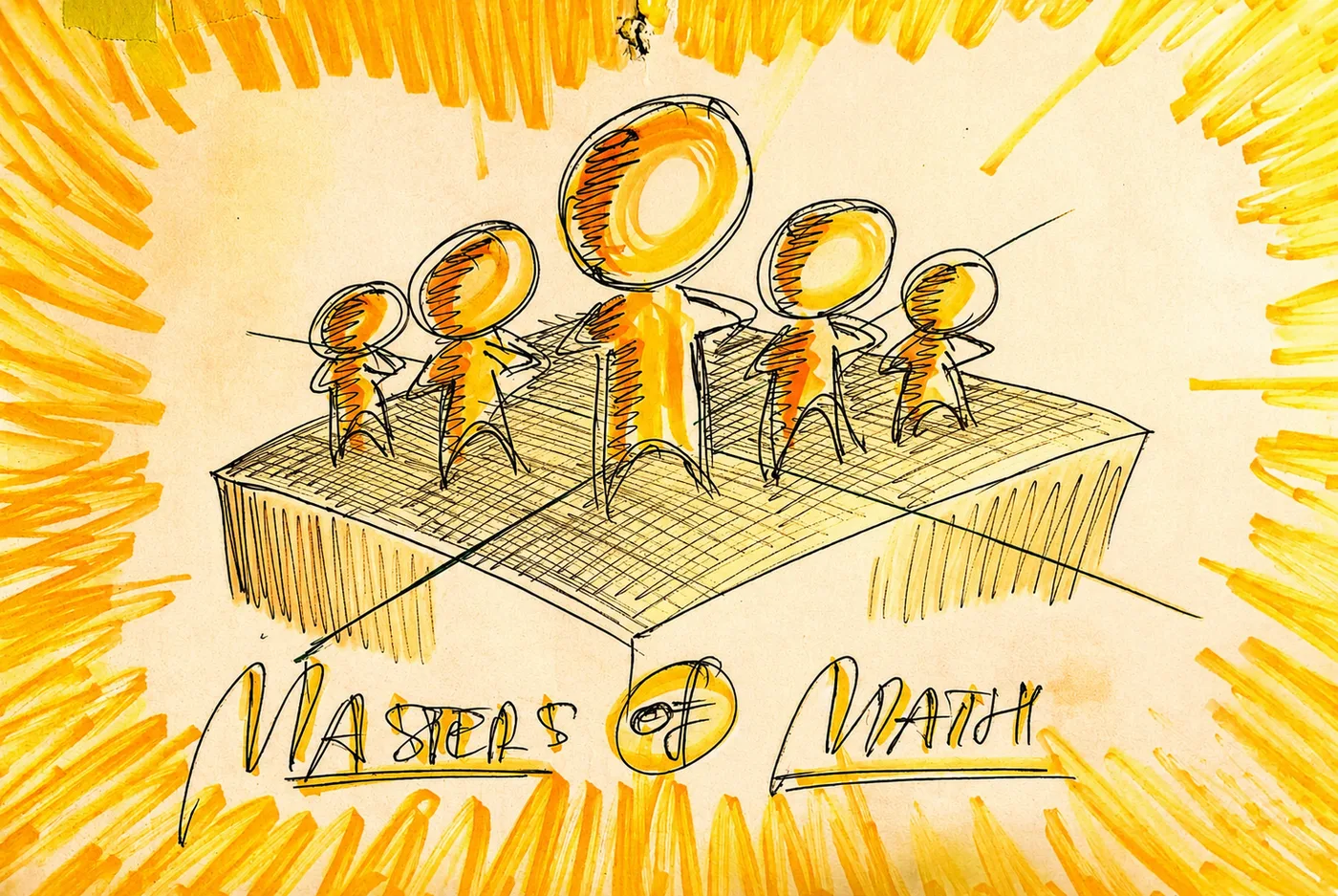 Rysunek: pięć postaci-hologramów z napisem Masters of Math — ilustracja kursu Manager Matematyki.