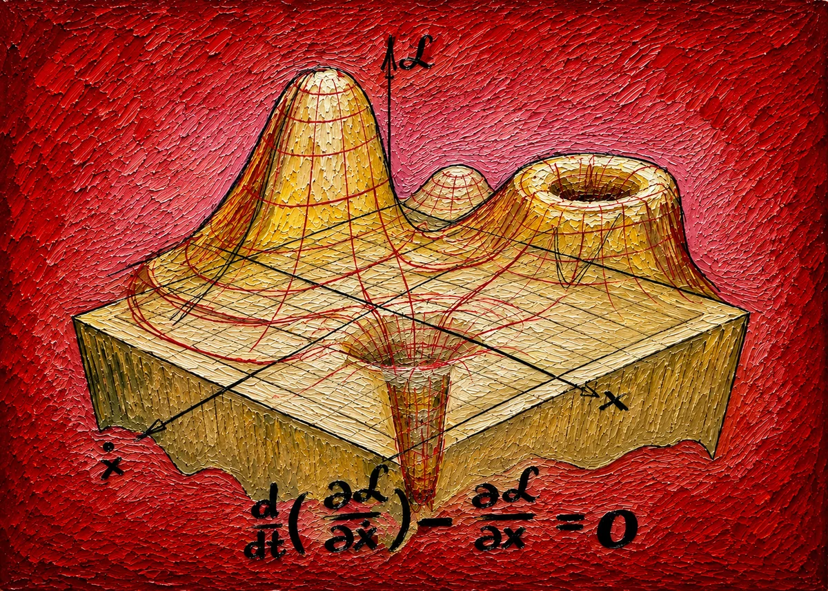 Rysunek: powierzchnia funkcji Lagrange'a — ilustracja mechaniki analitycznej w metodzie Fast Learning Masterpiece.