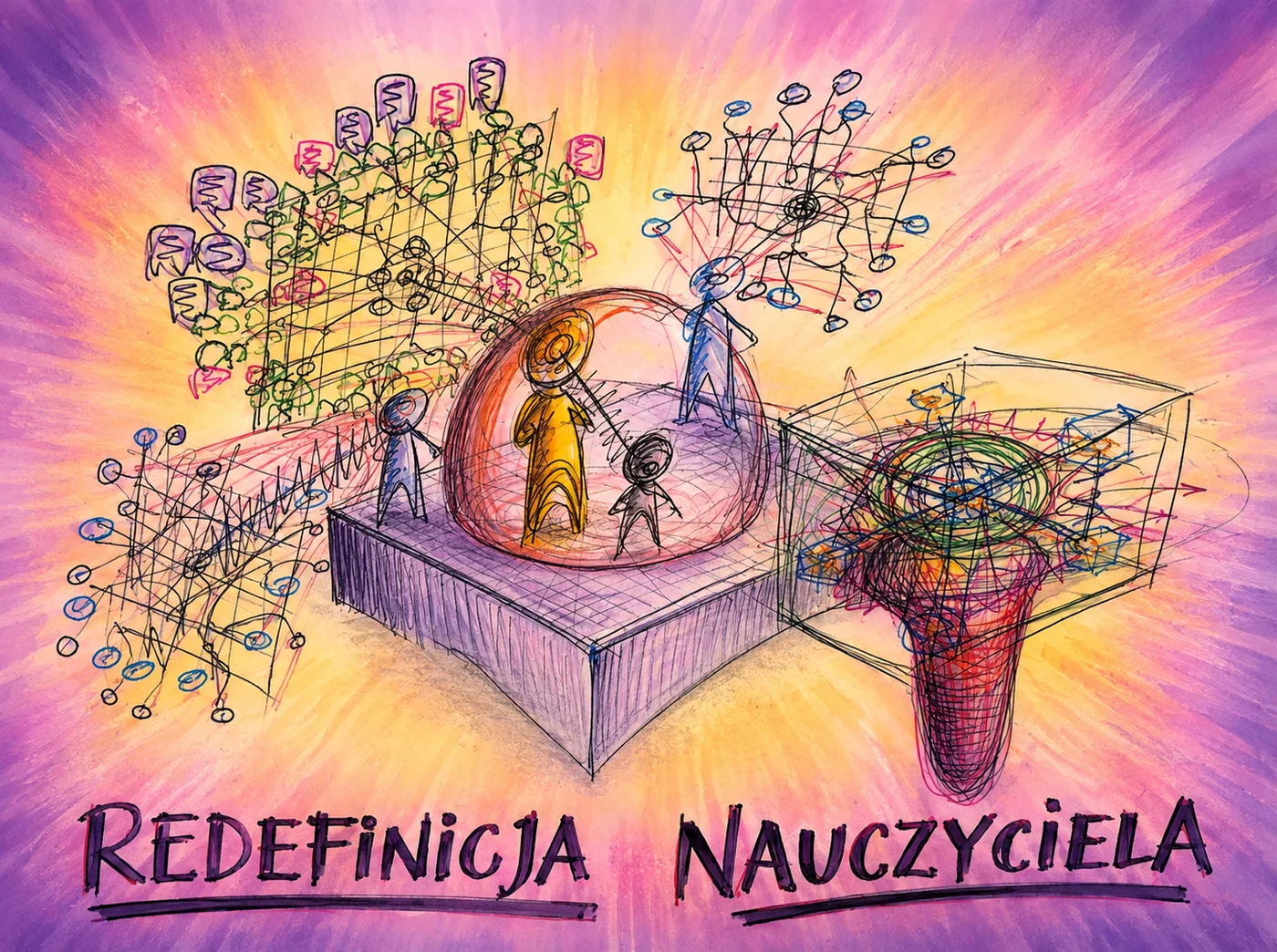 Rysunek: redefinicja nauczyciela — ilustracja kursu Manager Szybkiej Nauki.